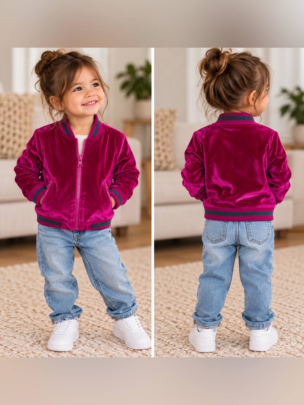 Hudson Girls 2T Magenta Velvet Bomber Jacket Zip Up Green Stripe Y2K